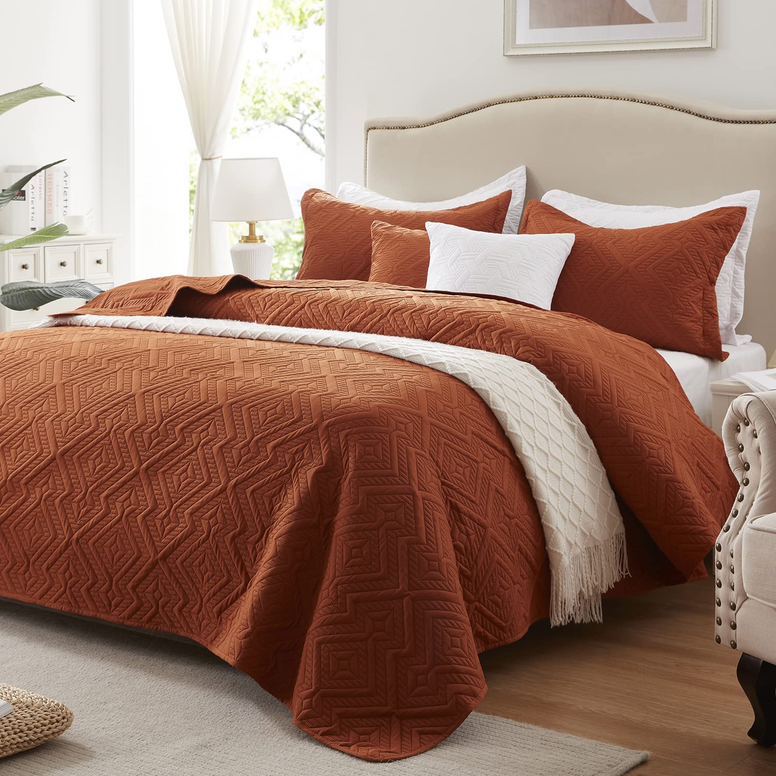 Oversized California King Size Quilt Set 3 Pieces, Burnt Orange/Rust Bedspread-118''X106'', Soft Lightweight Summer Quilt, Luxur